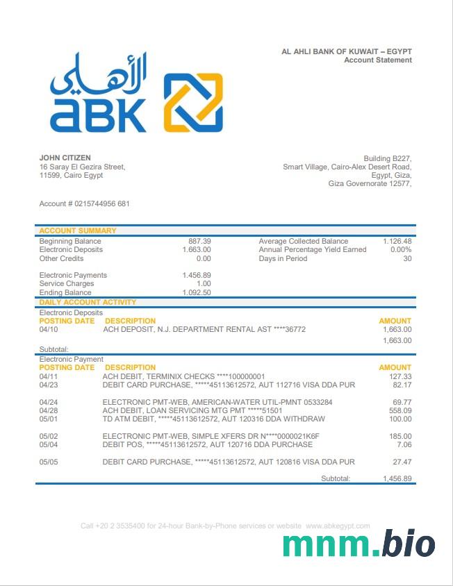 Ekwador Centralny Bank Ekwadoru szablon wyciągu bankowego w programie Word i PDF